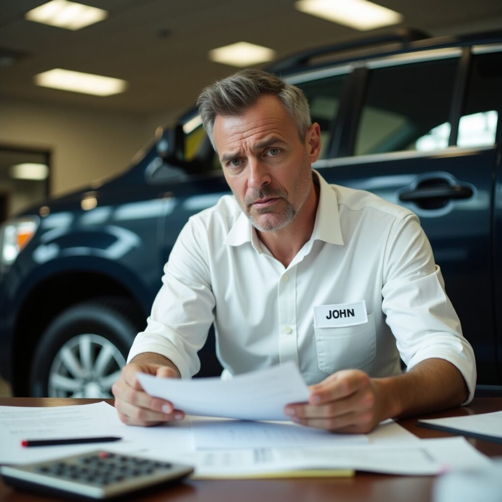 Worried person reviewing car loan documents with bad credit score.